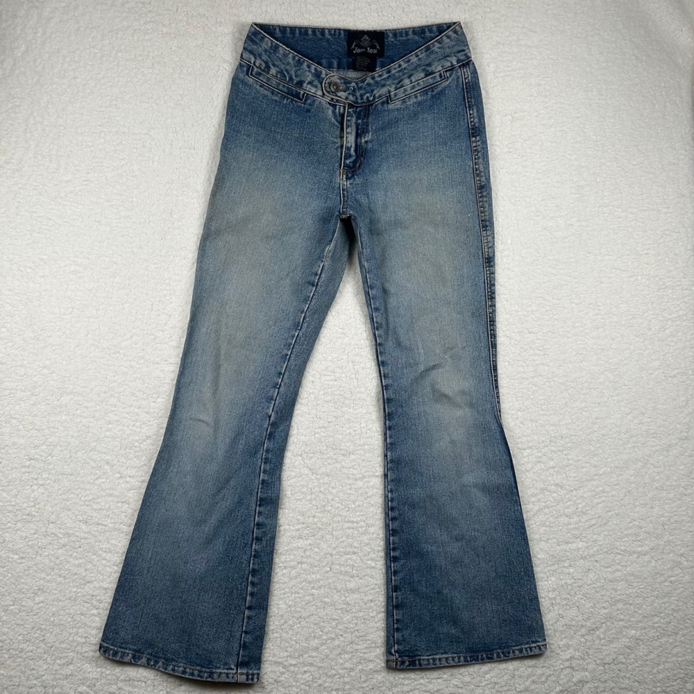 JouJou Vintage Y2K Flare Jeans Light Wash V-Waist Denim Women 7/8 Retro Boho 90s